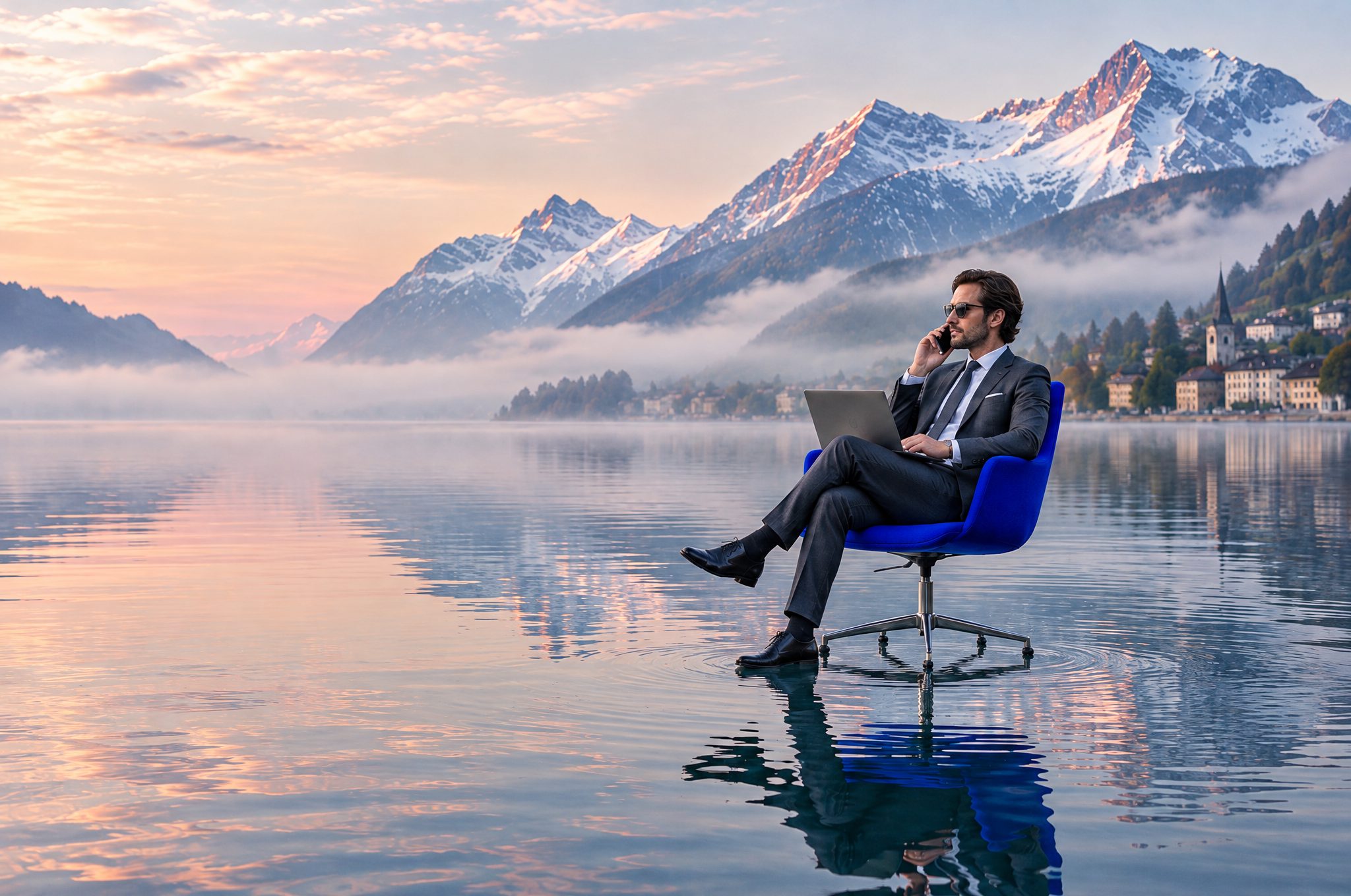 Ein Mann im Anzug sitzt auf einem blauen Bürostuhl, der auf dem Vierwaldstättersee schwimmt, und telefoniert.