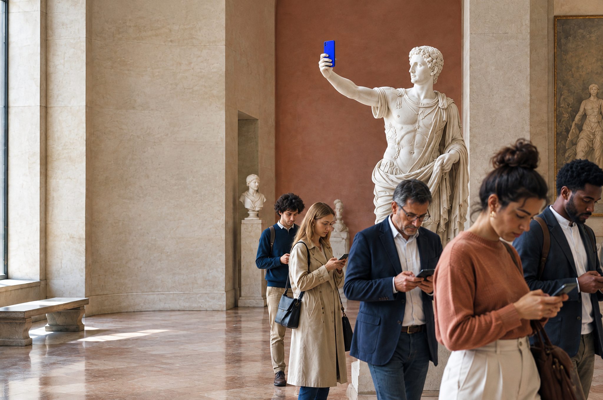 Eine Marmorstatue im Museum macht mit einem blauen Smartphone ein Selfie, die Besucher schauen auf ihre eigenen Handys.