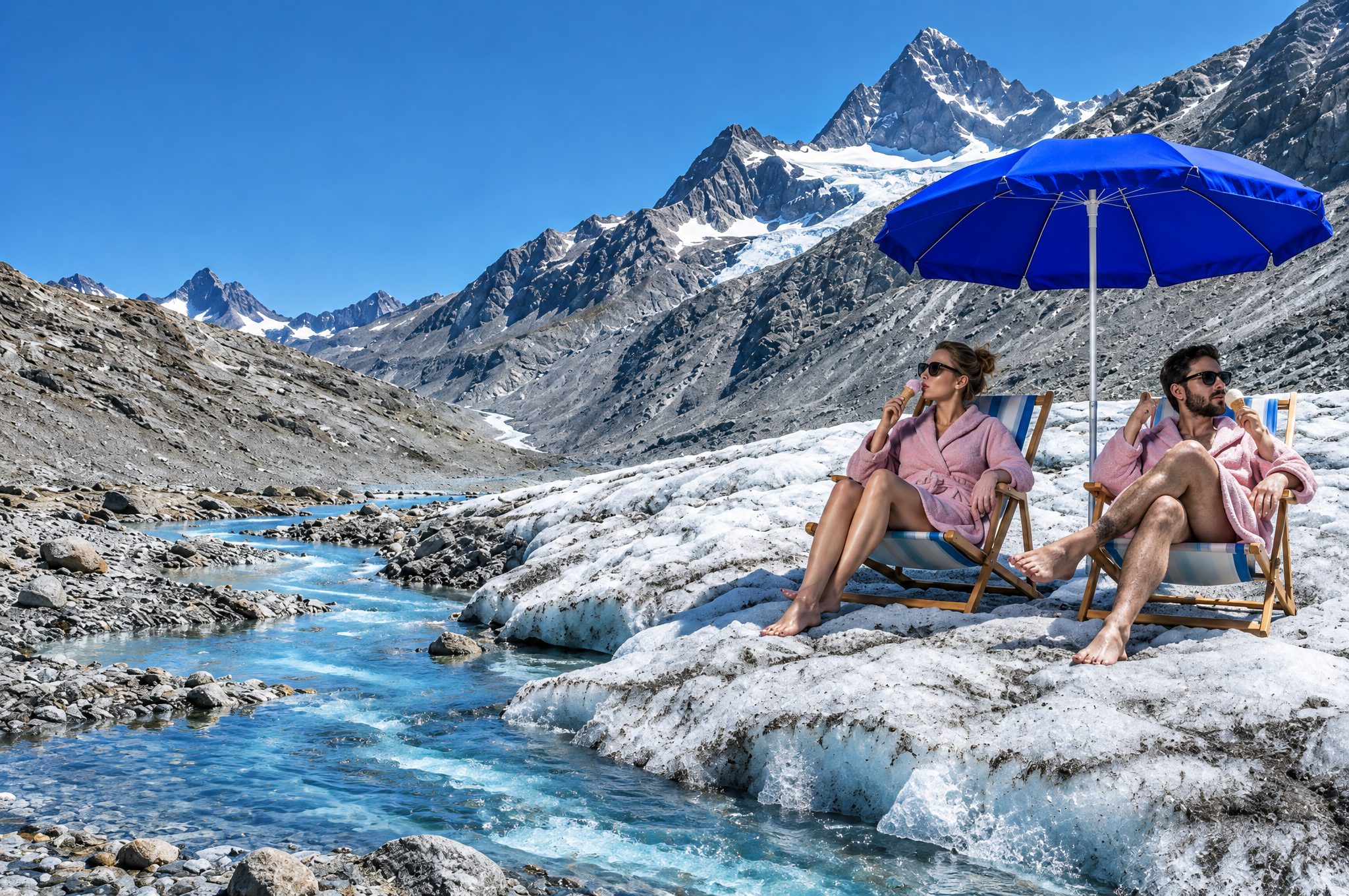 Zwei Menschen in rosa Bademänteln liegen unter einem blauen Sonnenschirm auf einem schmelzenden Gletscher und essen Glace.