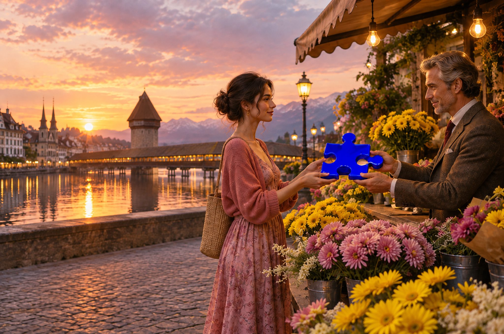 An einem Blumenstand in Luzern übergeben sich zwei Menschen ein grosses blaues Puzzleteil.